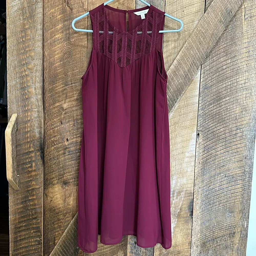 Charming Charlie dark wine lace front sheer overlay lined mini dress size medium - Picture 1 of 8